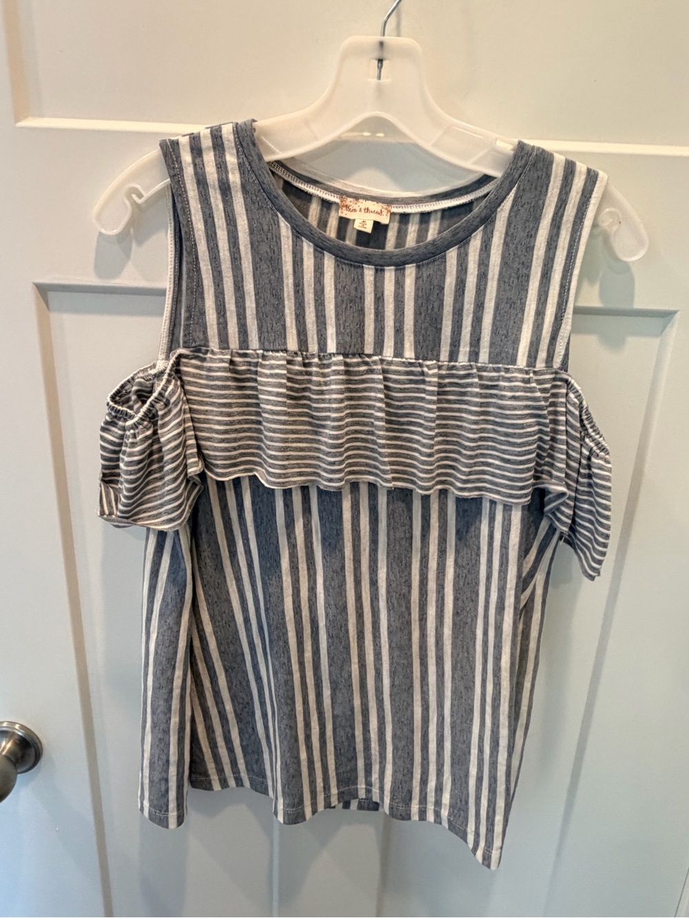 Hem & Thread Medium Blue White Striped Ruffle Cold Shoulder Top